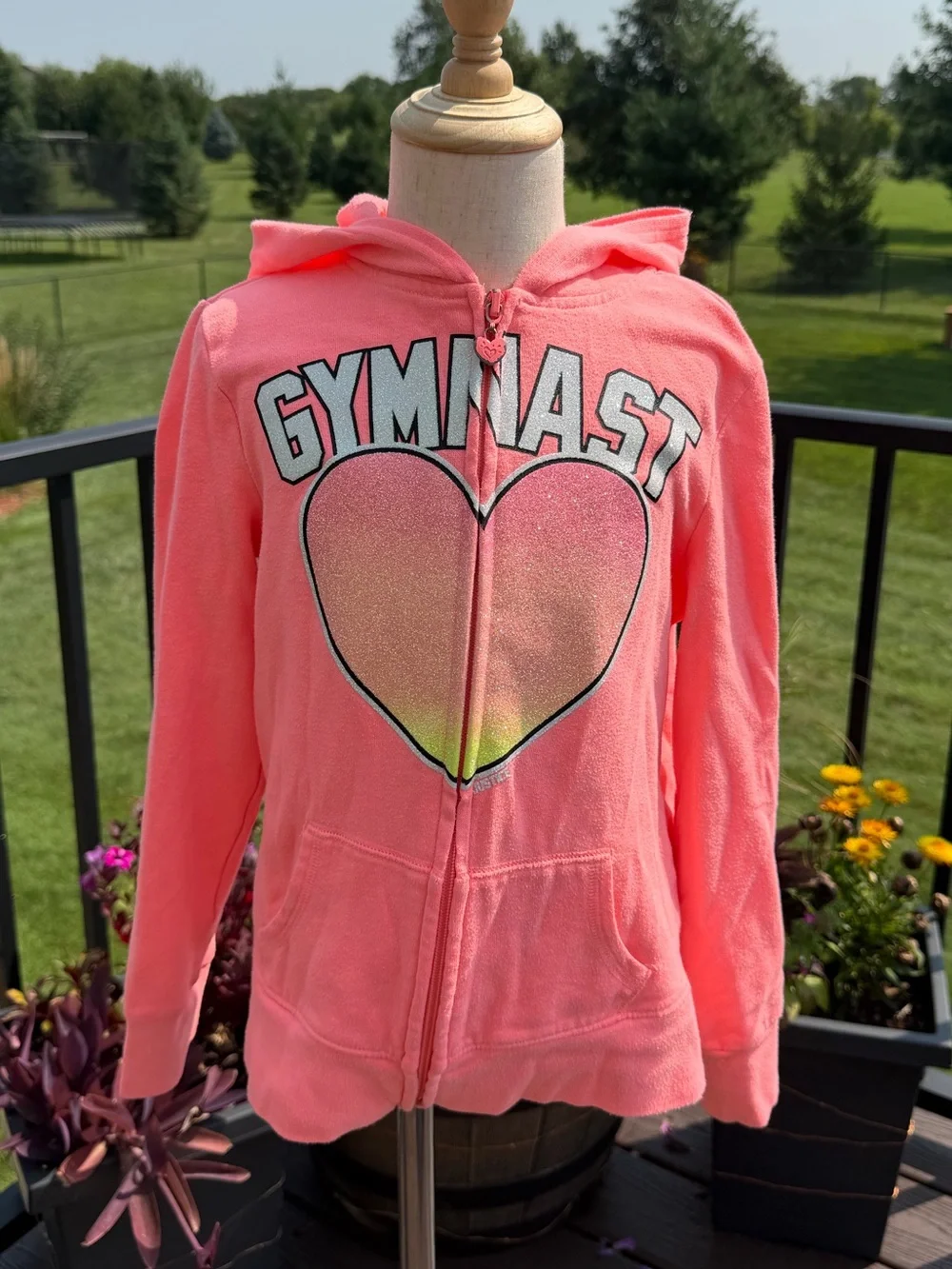 Justice Girls Gymnast Pink Glitter Heart Zip-Up Hoodie Size 8